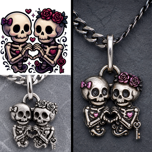 Silver skeleton pendant with floral details on a dark background