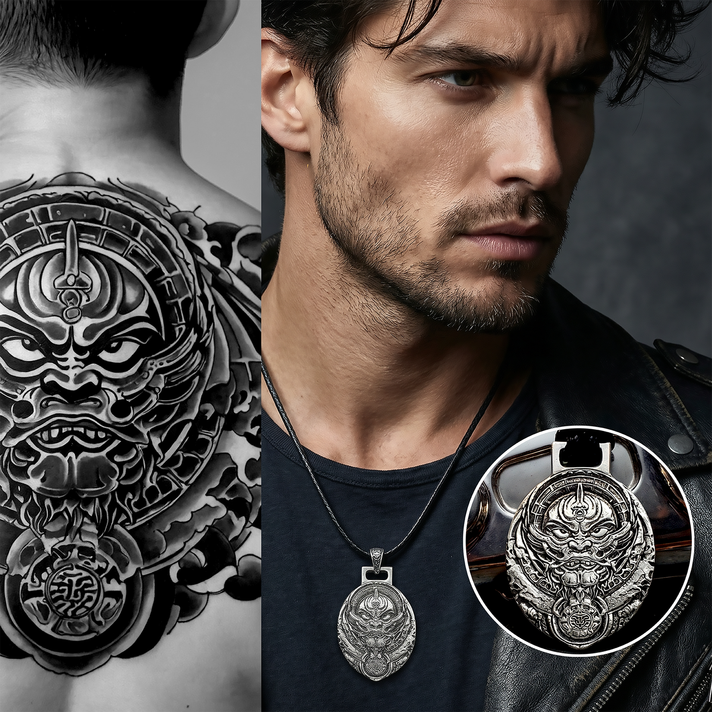 Man wearing a silver pendant with a detailed design, close-up of tattoo on shoulder, and inset of pendant.