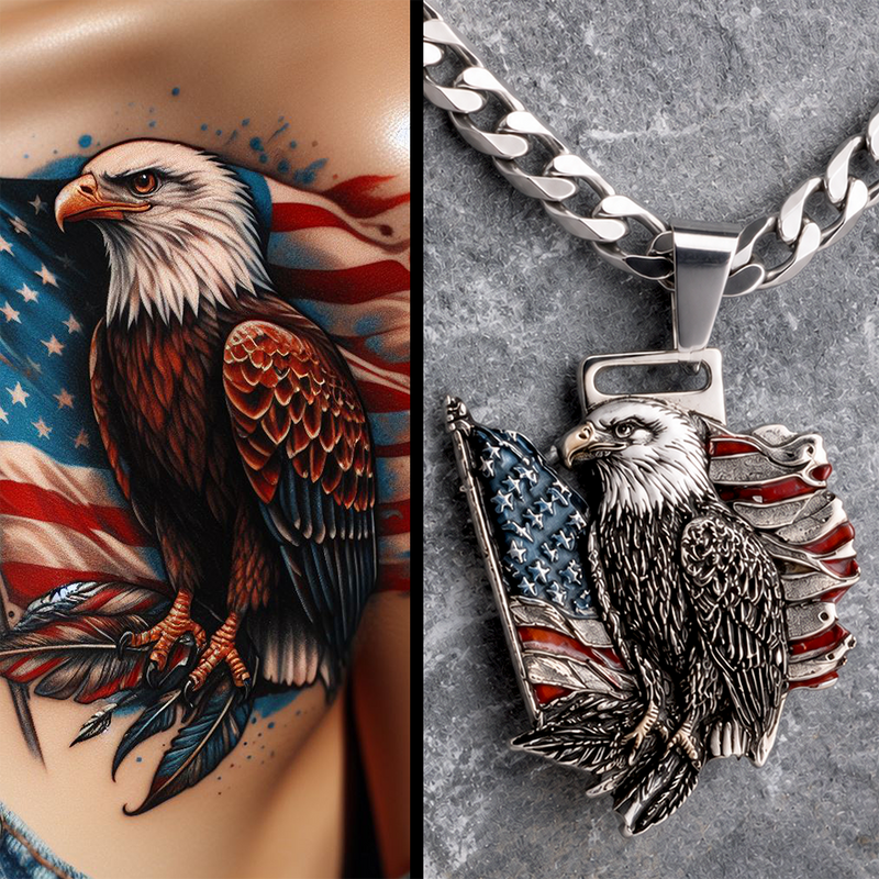 Side-by-side comparison of a tattoo of an eagle with an American flag and a metal necklace pendant featuring an eagle and flag design.