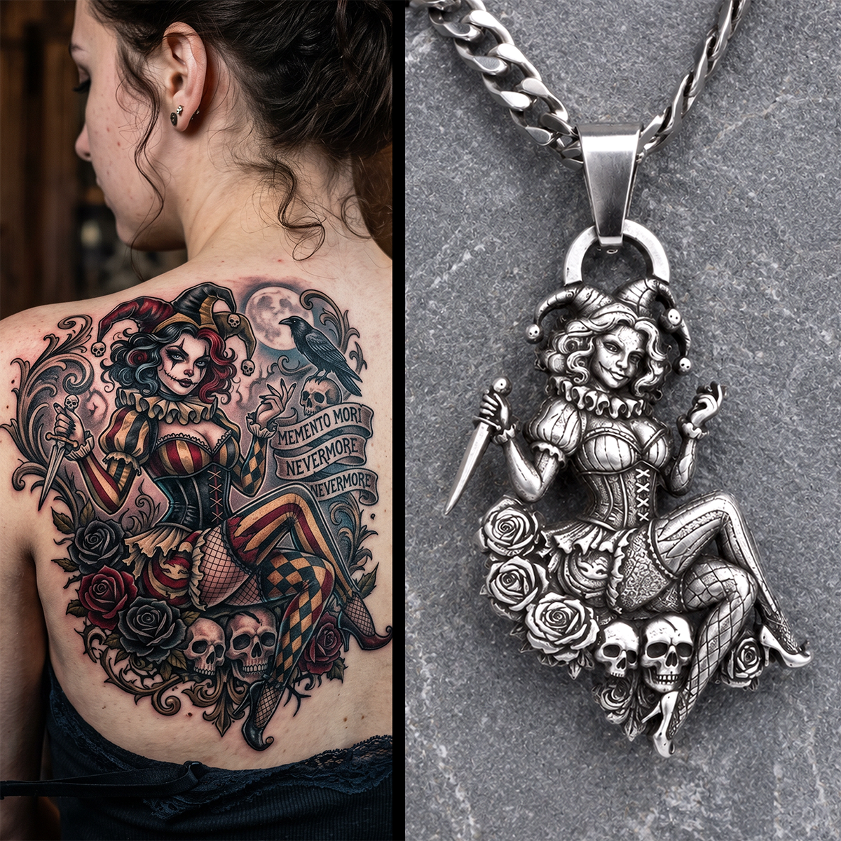 Side-by-side comparison of a tattoo on a person's back and a pendant with similar design.