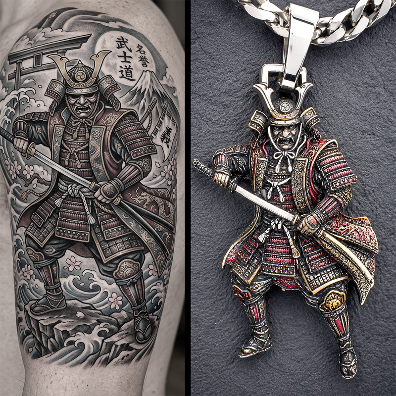 Samurai warrior tattoo on skin and samurai pendant on gray background