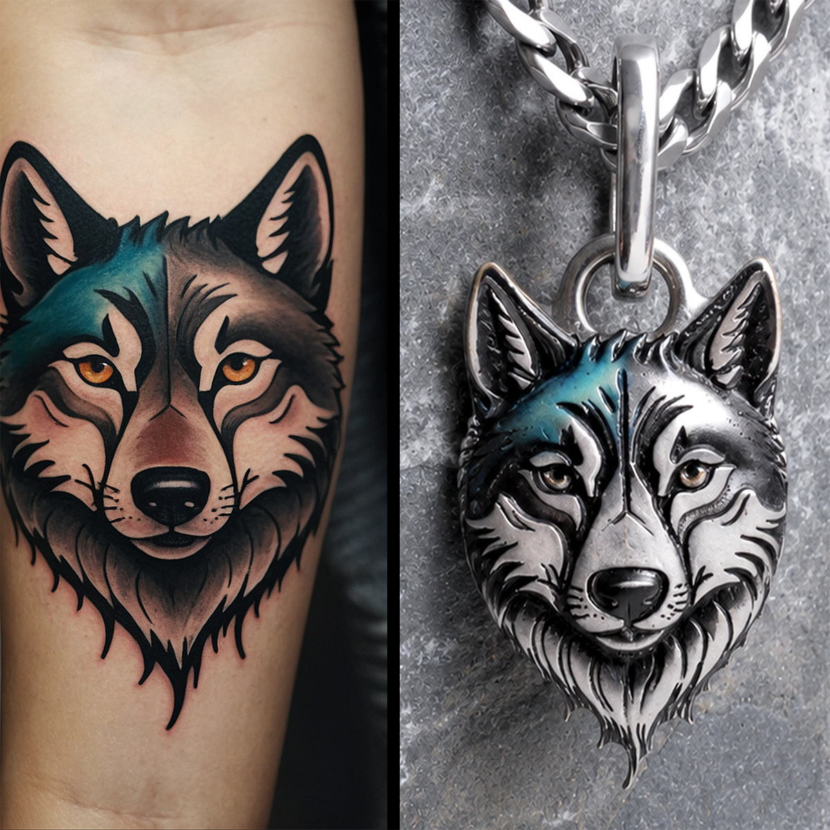 Side-by-side comparison of a wolf tattoo on skin and a wolf pendant on a chain.