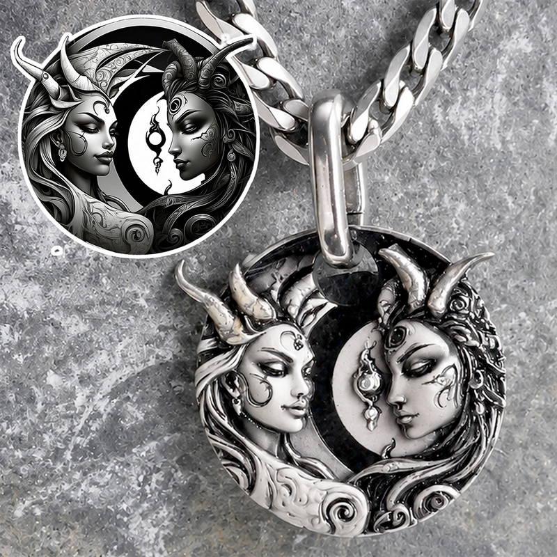 Ornate pendant with faces and moon design on a textured surface