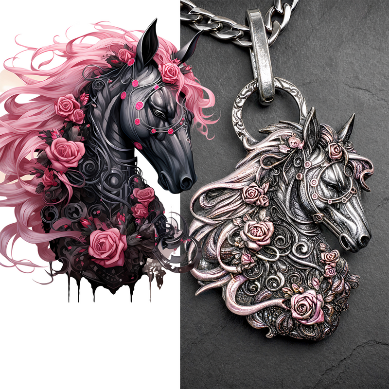 Decorative horse head pendant with floral details on a dark background