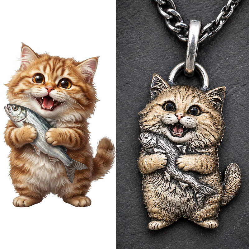 Illustration of a cat holding a fish next to a metal cat pendant with the same design.