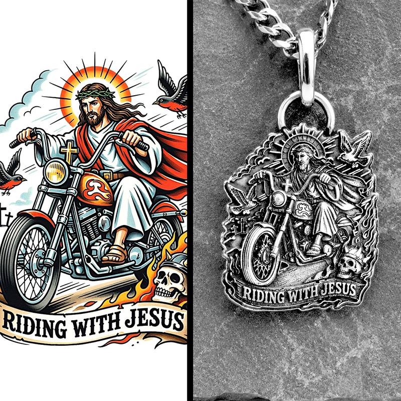 Pendant of a religious figure on a motorcycle with 'Riding with Jesus' text, next to an illustration of the same design.