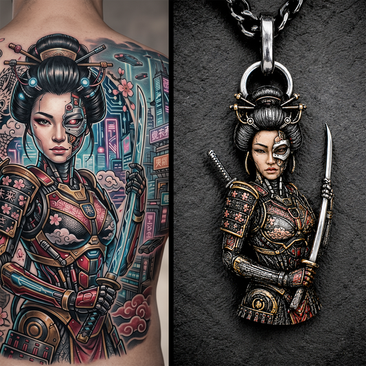 Side-by-side comparison of a tattoo on a person's back and a pendant with a similar design.