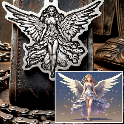 Metallic angel pendant on leather with chain, alongside an illustration of an angel.