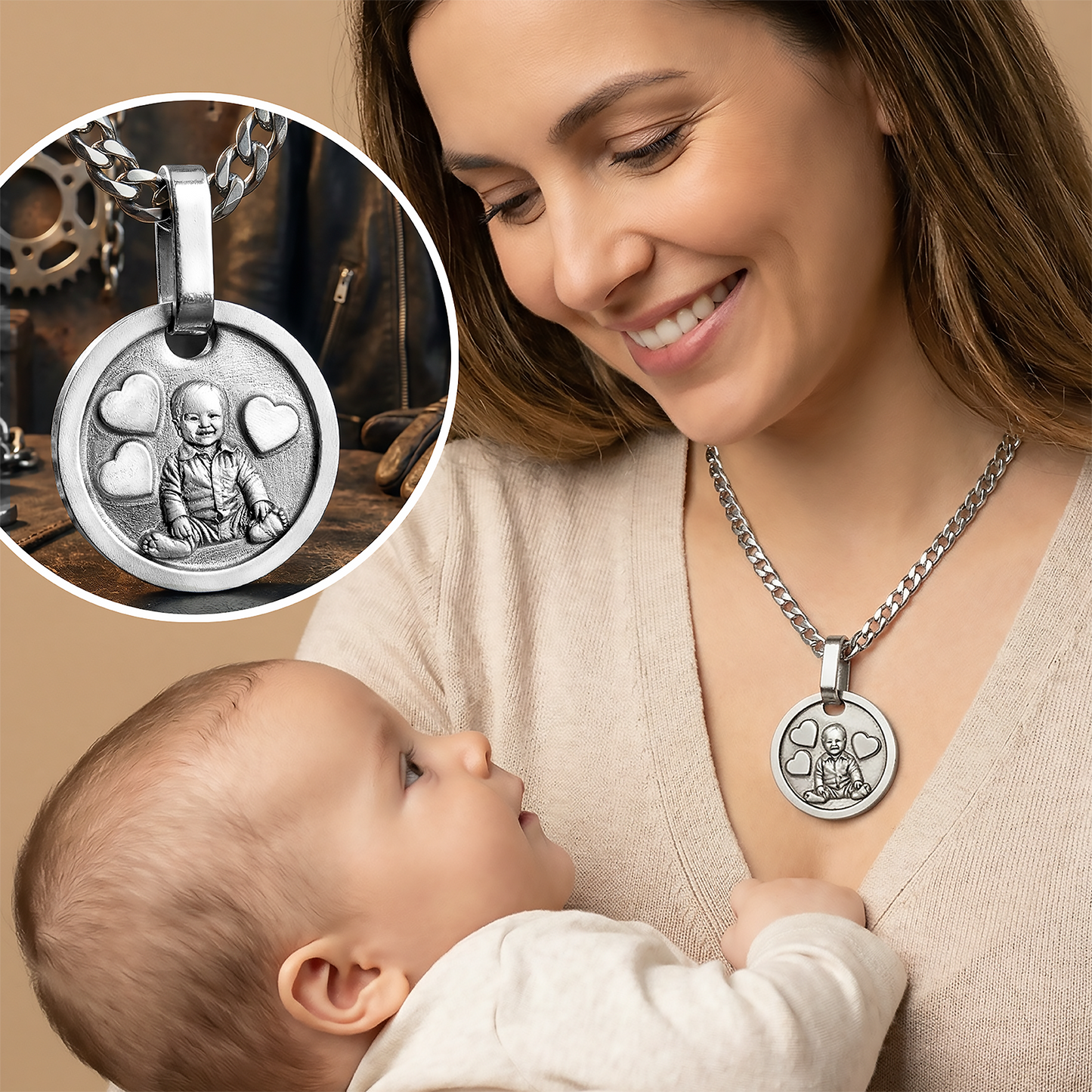 Woman holding a baby with a necklace featuring a pendant with a baby's photo, inset showing the pendant.