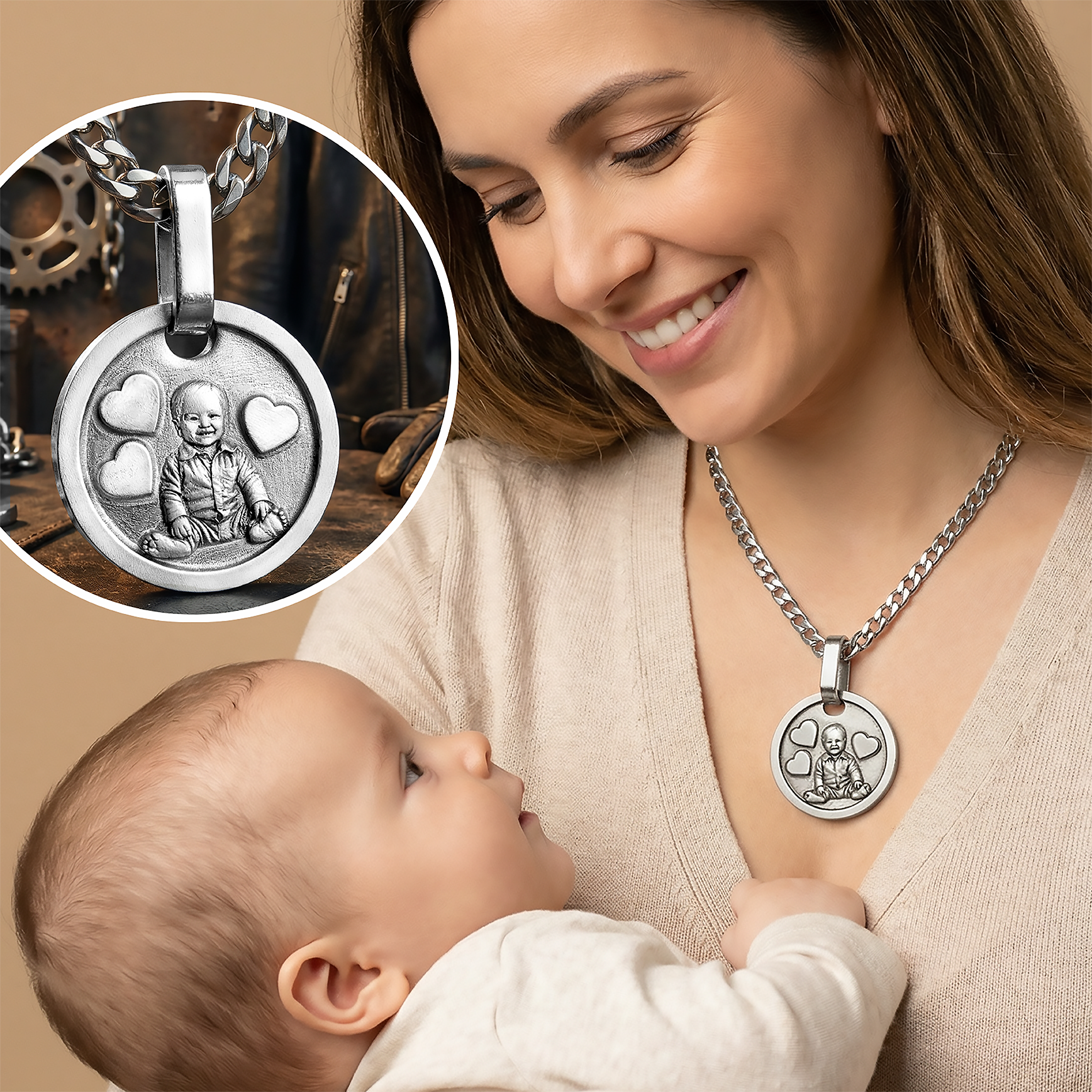 Woman holding a baby with a necklace featuring a pendant with a baby's photo, inset showing the pendant.