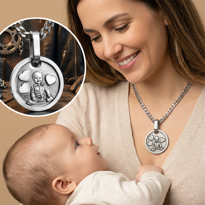Woman holding a baby with a necklace featuring a pendant with a baby's photo, inset showing the pendant.
