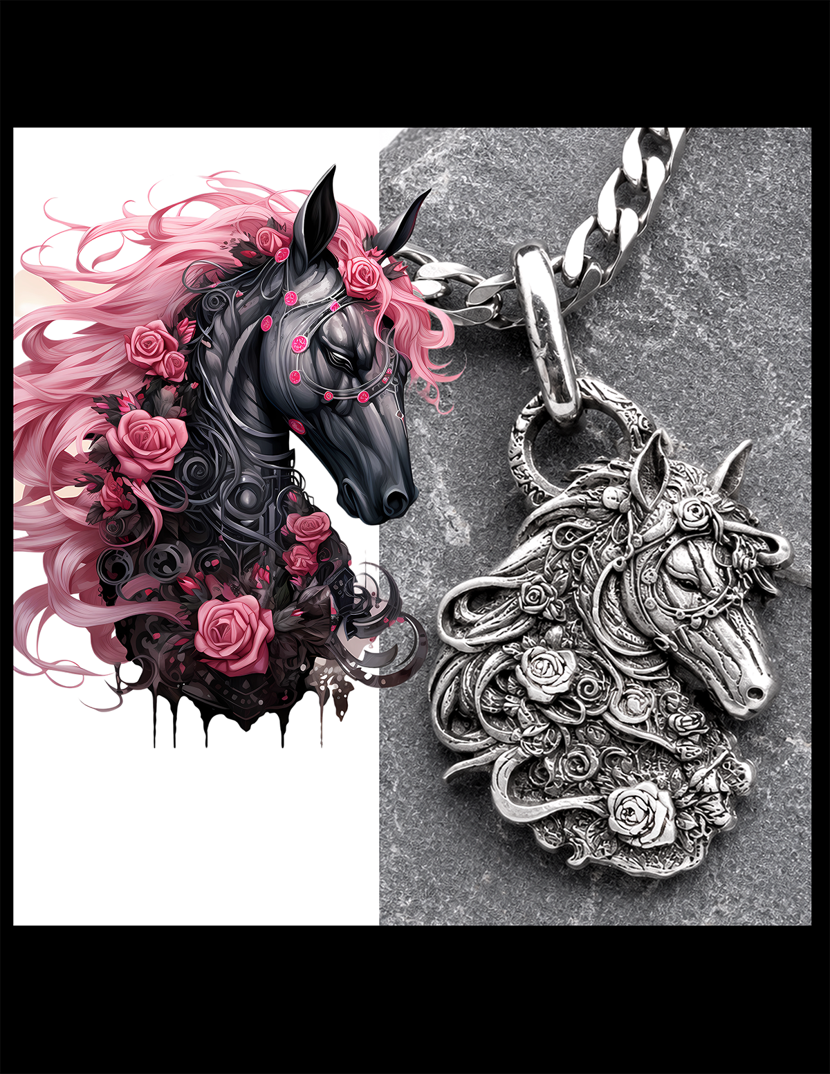 Decorative horse pendant with intricate designs and pink hair next to a black and white illustration of a horse with pink hair.