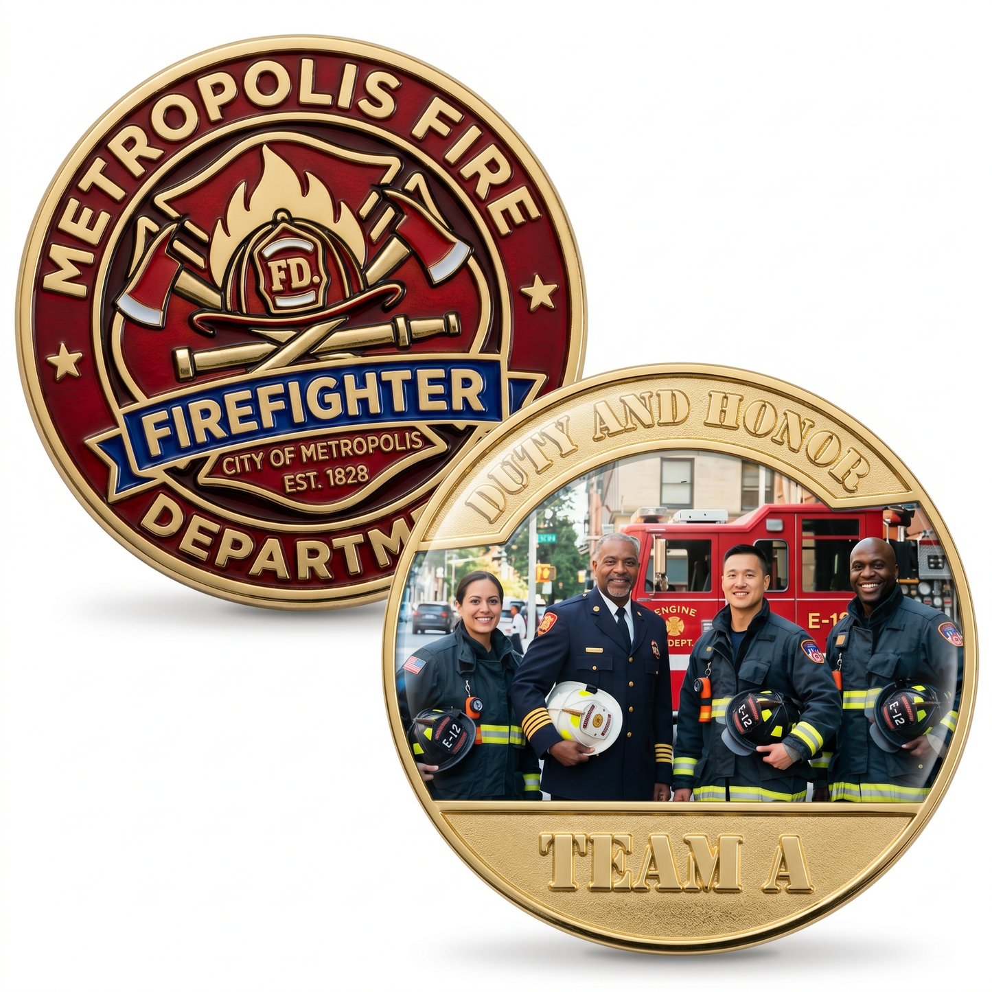 Two coins featuring the Metropolis Fire Department logo and a group of firefighters.