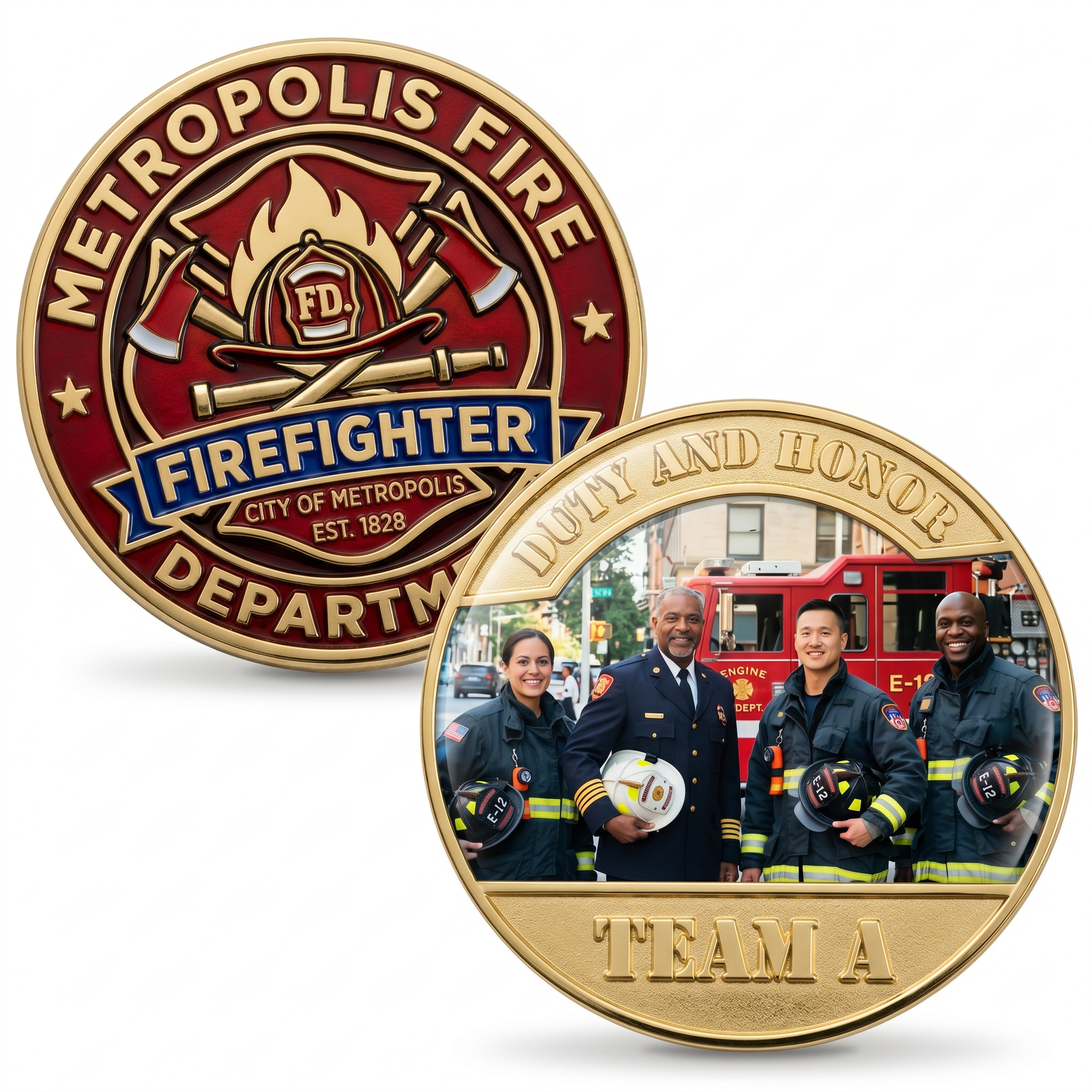 Two coins featuring the Metropolis Fire Department logo and a group of firefighters.