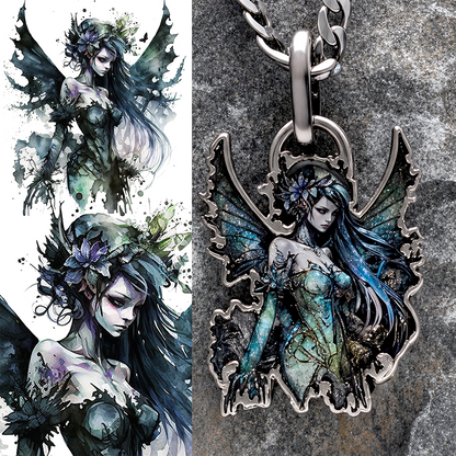 Fantasy fairy illustration next to a fairy pendant on a textured background