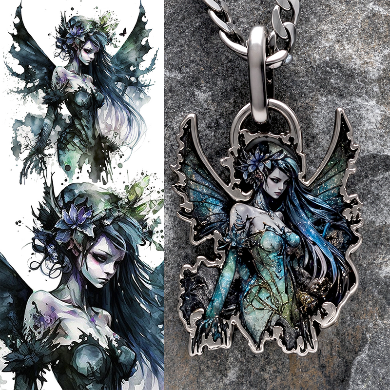 Fantasy fairy illustration next to a fairy pendant on a textured background