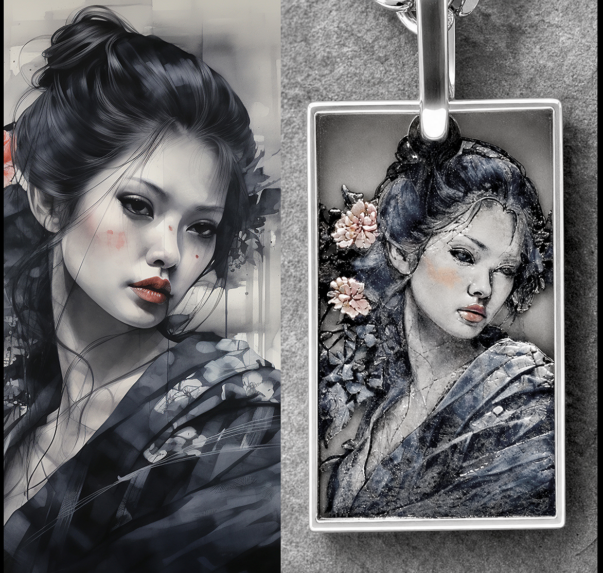 Artistic depiction of a woman with flowers in her hair, shown on a pendant.