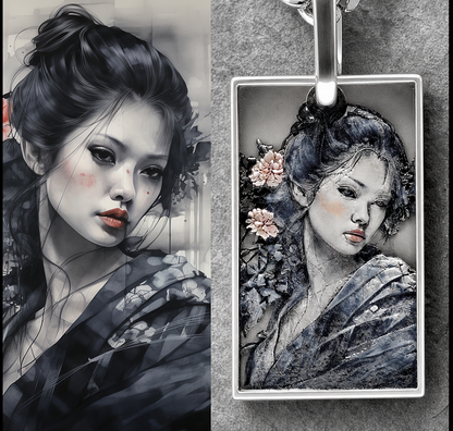 Artistic depiction of a woman with flowers in her hair, shown on a pendant.
