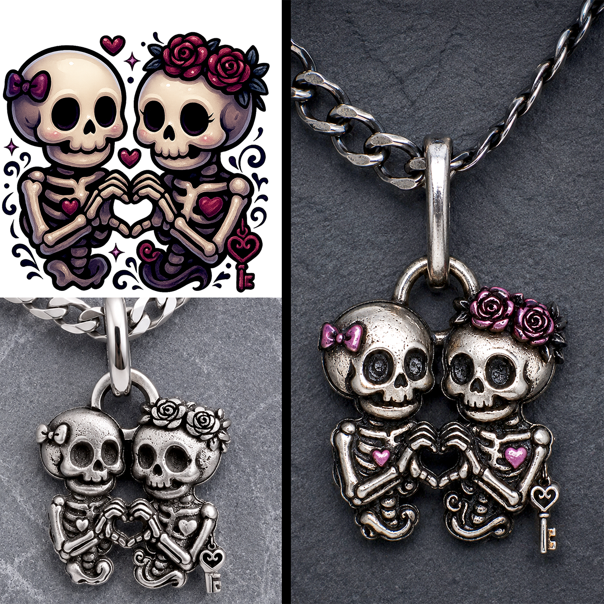 Silver skeleton pendant with floral details on a dark background
