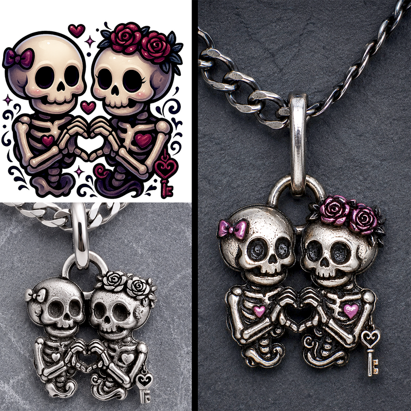 Silver skeleton pendant with floral details on a dark background
