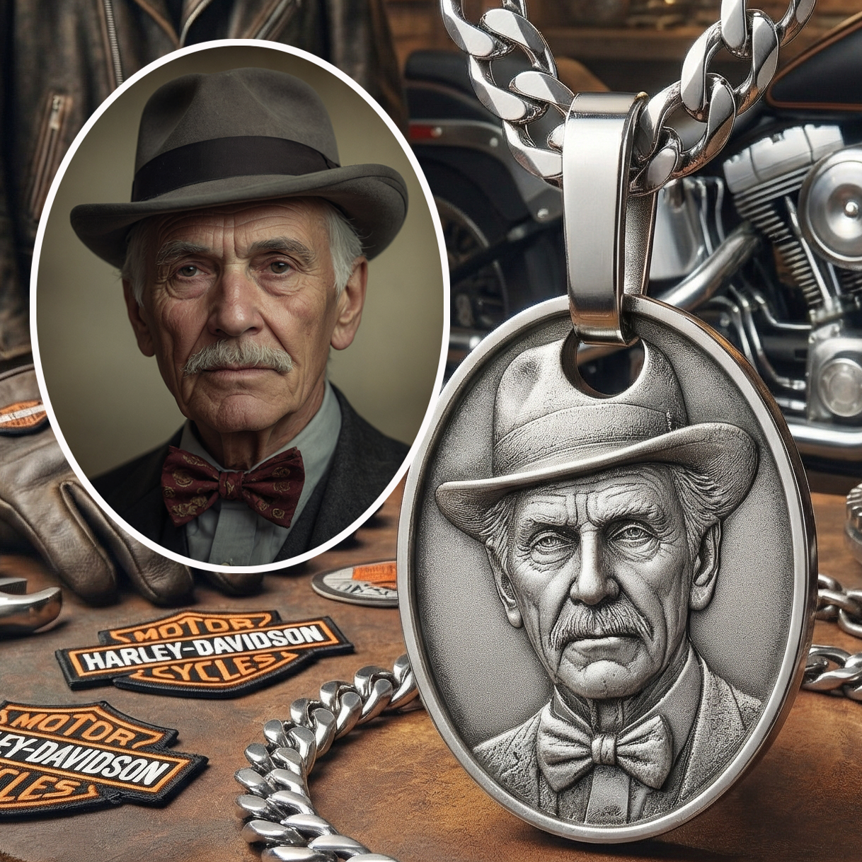 Metal pendant with a portrait of a man wearing a hat and bow tie, placed on a wooden surface with Harley-Davidson logos.