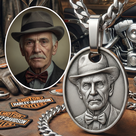 Metal pendant with a portrait of a man wearing a hat and bow tie, placed on a wooden surface with Harley-Davidson logos.