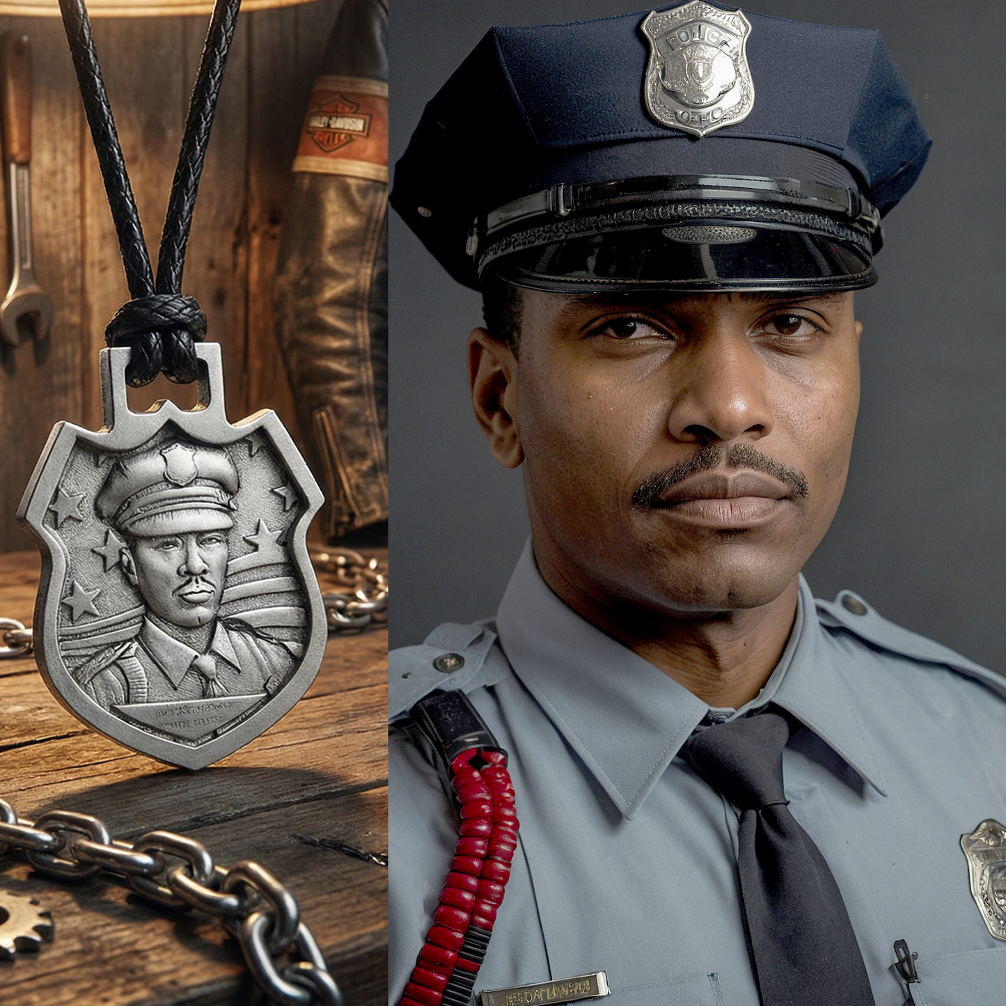 Collage of a police officer and a police badge with a portrait on a wooden surface.