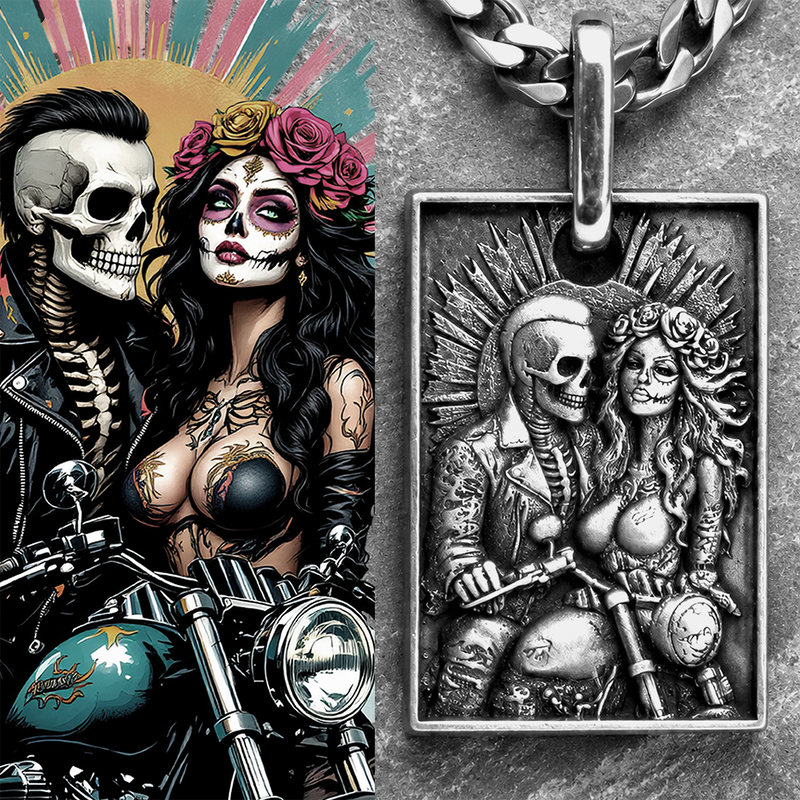 Metal pendant with skeleton and woman design on a gray background