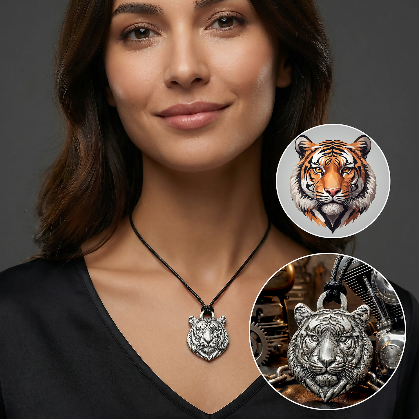 Woman wearing a tiger pendant necklace with close-up insets of the pendant.