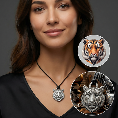 Woman wearing a tiger pendant necklace with close-up insets of the pendant.