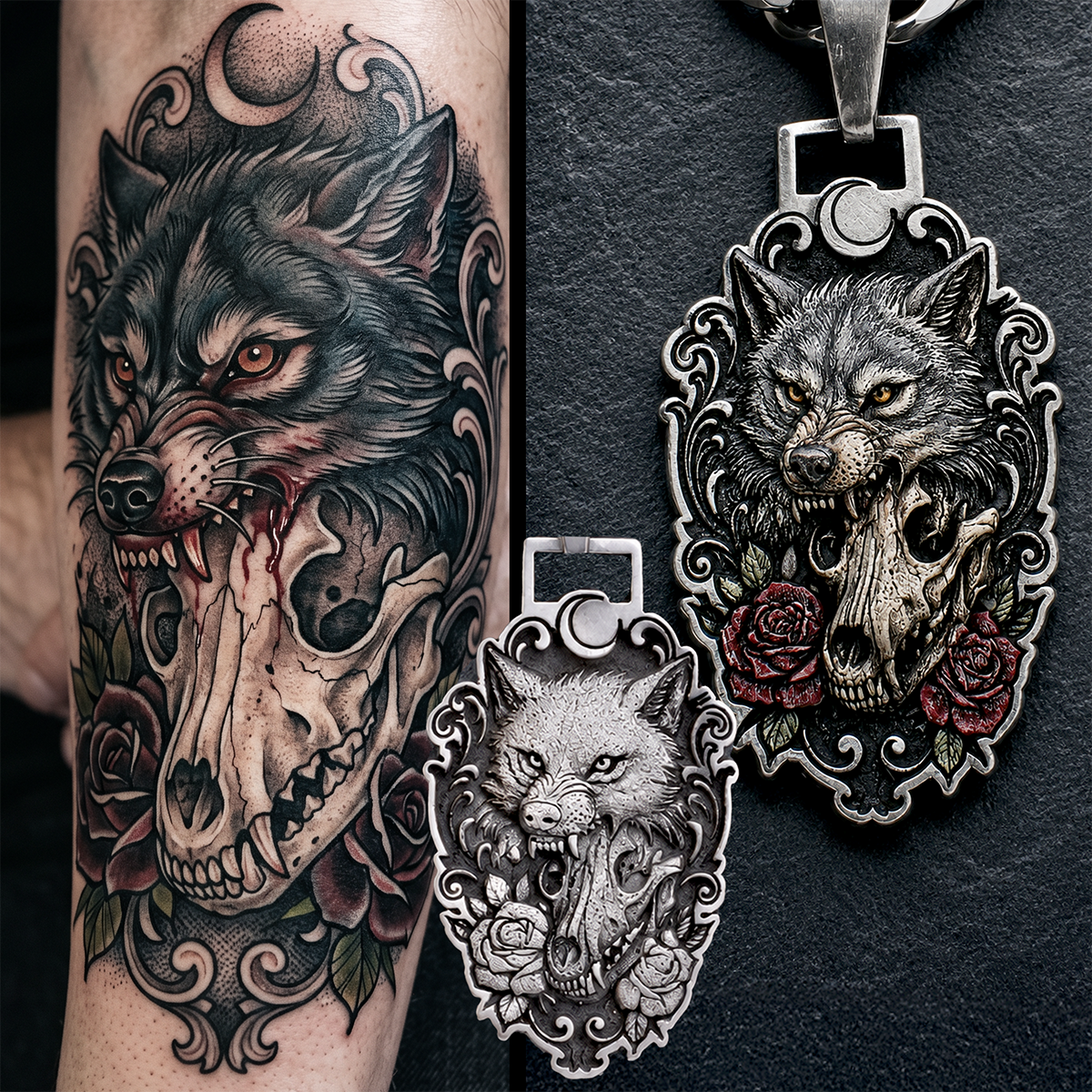 Wolf and skull tattoo on a person's arm with matching 3D metal pendants.