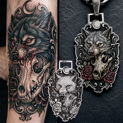 Wolf and skull tattoo on a person's arm with matching 3D metal pendants.
