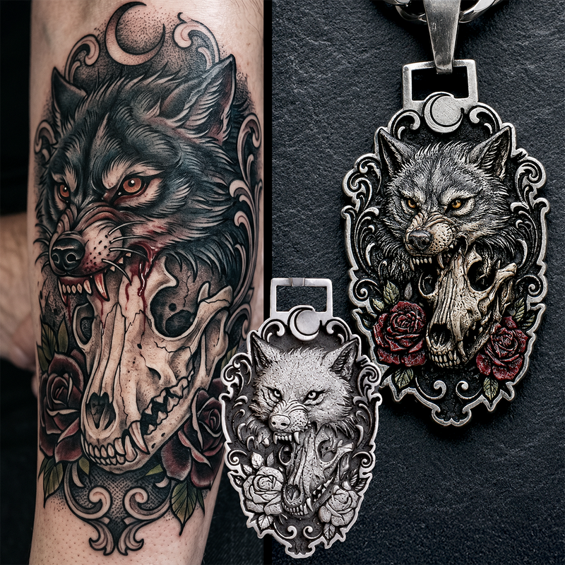 Wolf and skull tattoo on a person's arm with matching 3D metal pendants.