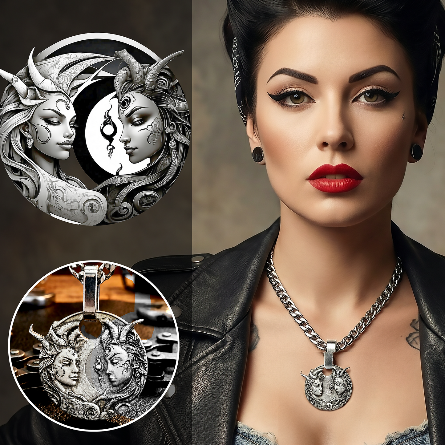 Woman wearing a silver pendant with a detailed design, surrounded by close-up views of the pendant.